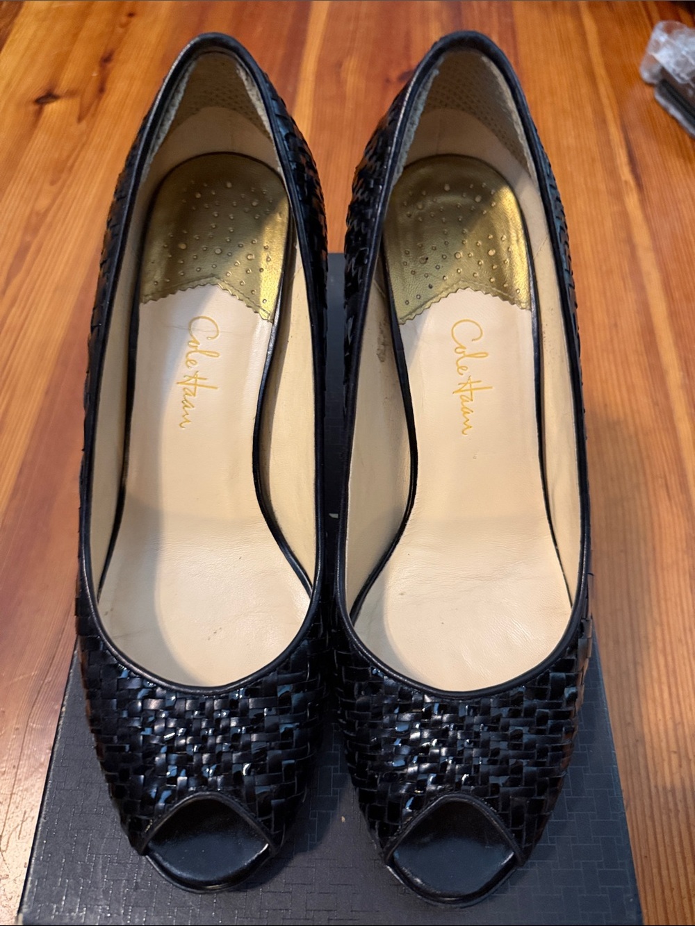 Women's Cole Haan Black Woven Peep-Toe Heels Nike Air size 9